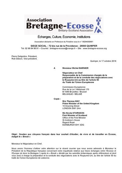 Page 1 of the Letter (in French) to Michel Barnier