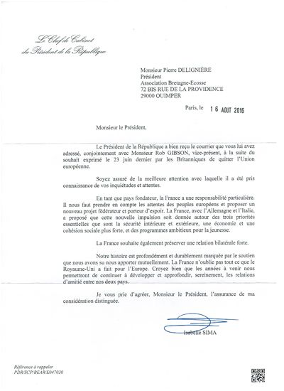 Reponse Cabinet president lettre ouverte Bretagne-Ecosse