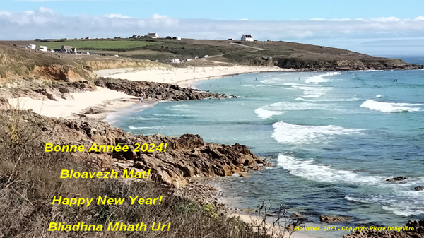 The photo shows a view of Gwendrez beach in Plouhinec, where many surfers meet. Superimposed on the photo is the mention “Happy New Year” 
					in four languages: French, Breton, English, Gaelic, to mark the new year.