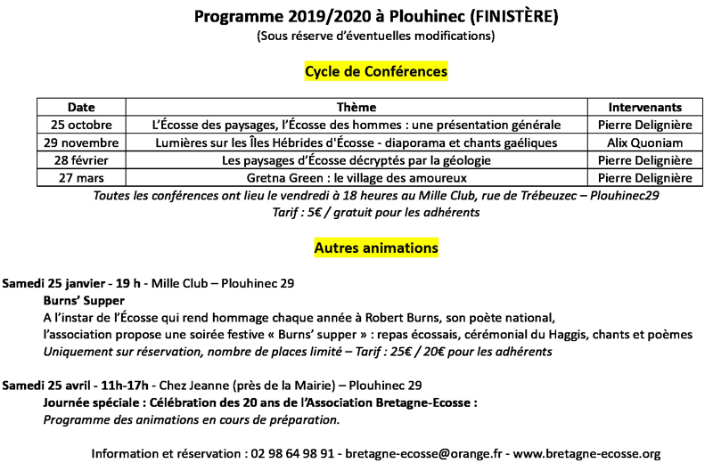 Programme des activités et conférences de Bretagne-Ecosse