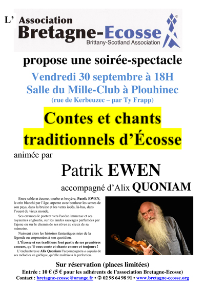 Affiche Soirée-spectacle « Contes et chants traditionnels d’Ecosse » Patrik Ewen.