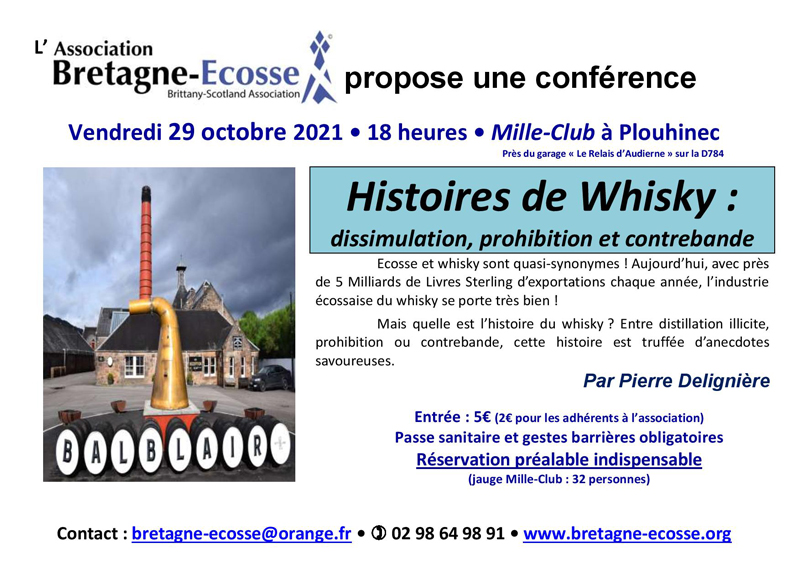 Affiche de la conférence « histoires de whisky » avec une photo de la distillerie de whisky Balblair à Edderton.