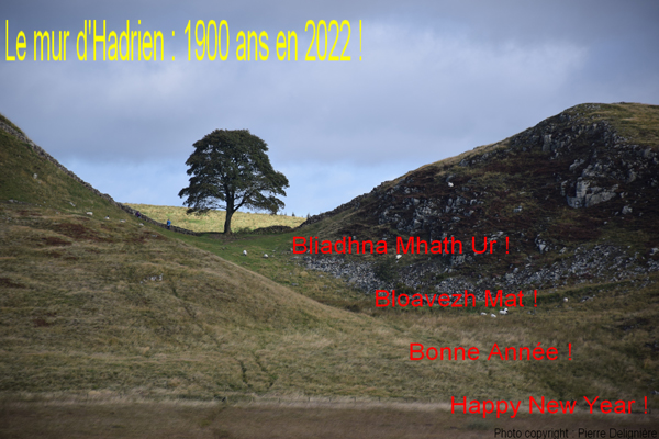 Photo du mur d'Hadrien avec voeux de bonne année en langue gaélique, bretonne, française et anglaise et un message sur le fait que le 
					mur d'Hadrien fête ses 1900 ans cette année