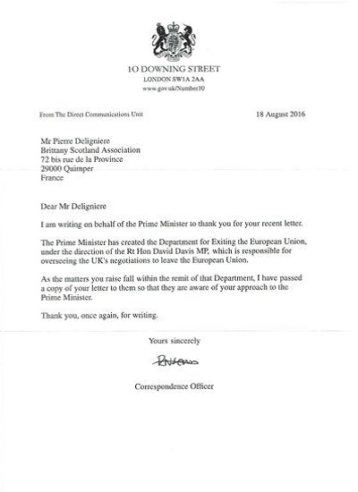 Réponse du cabinet du Premier Ministre à la lettre ouverte Bretagne-Ecosse
