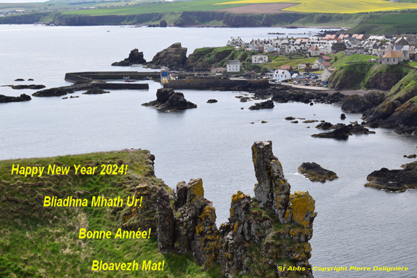 La photo représente le petit port de Saint Abbs, le village et ses digues, vu en contre-bas des 
					falaises de la réserve naturelle de Saint Abbs’ Head. En surimpression sur la photo est mentionné « Bonne année » en quatre langues : anglais, 
					gaélique, français, breton, à l’occasion de la nouvelle année.